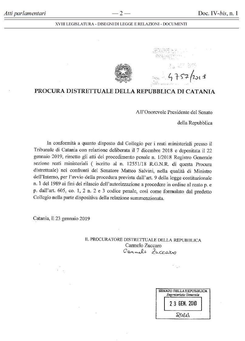 autorizzazione a procedere reato contro ministro Salvini caso diciotti